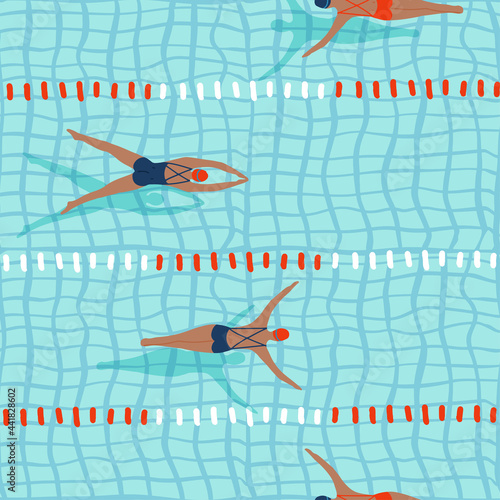 Professional sportswoman, female athletes swimming in the pool seamless pattern. Top view pool track . Women competition. Flat vector illustration.