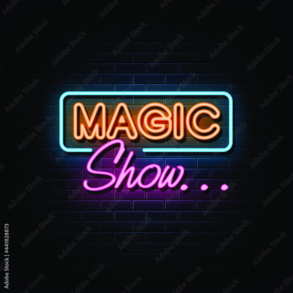 Magic show neon text vector. sign symbol