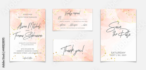 Abstract dusty blush liquid watercolor background with golden cracks. Pastel pink marble alcohol ink drawing effect. Vector illustration design template for wedding invitation
