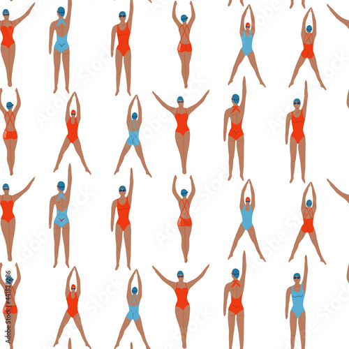 Athletes Girls in swimsuit seamless pattern. Woman swimming. Female swimmets im different poses. Isolated on white. Top view. Flat vector illustration.