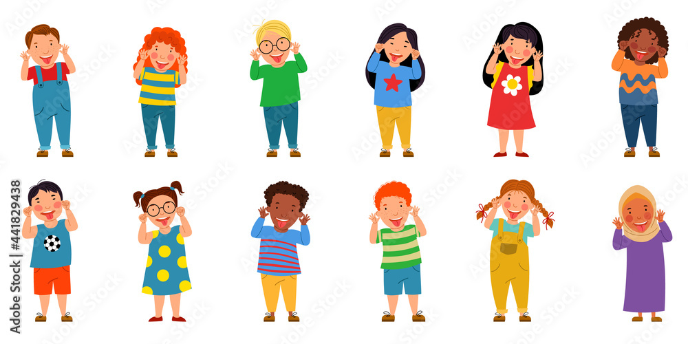 A set of children of different nationalities. The boys and girls grimaced and stuck out their tongues. Bright vector illustration in a flat style.