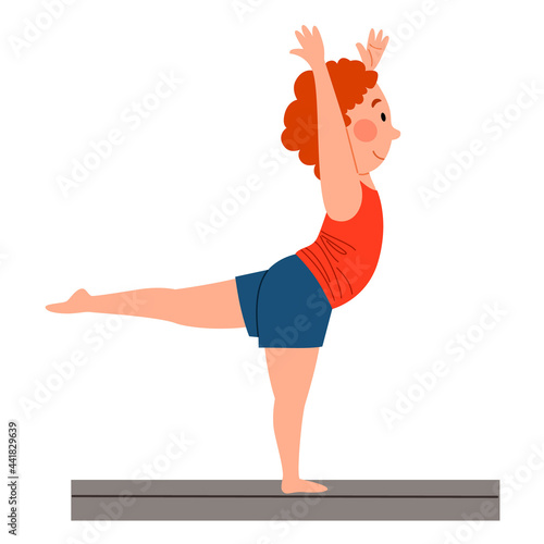 Childrenes sports gymnastics. The boy is standing on one leg in the swallow pose. Acrobatics on sports equipment. Vector illustration in a flat style on a white isolated background.