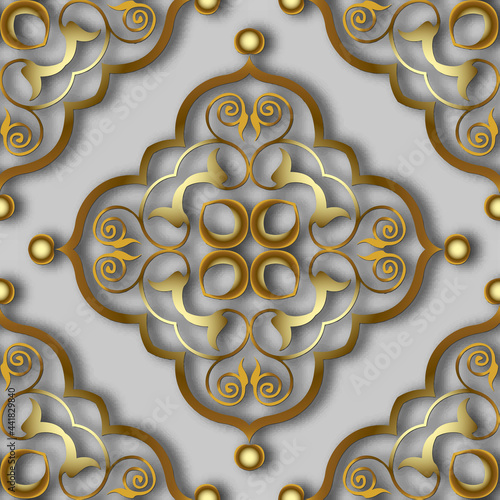 3d gold floral seamless pattern. Vintage ornamental vector background. Luxury repeat backdrop. Ornate golden Damask ornaments. Decorative design with flowers, shadows. For decoration, wallpapers