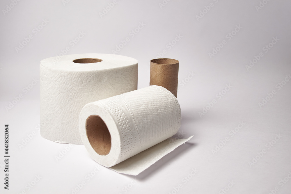 Obraz premium Toilet paper rolls, household supply gradually running out with copy space and isolated on white backgorund