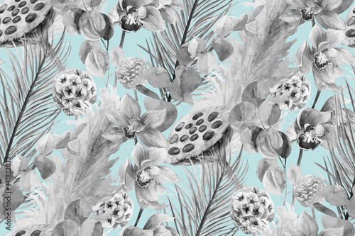 black and white watercolor seamless monochrome pattern with dry palm leaves and orchid on blue background for textile, wallpaper and wrapping paper