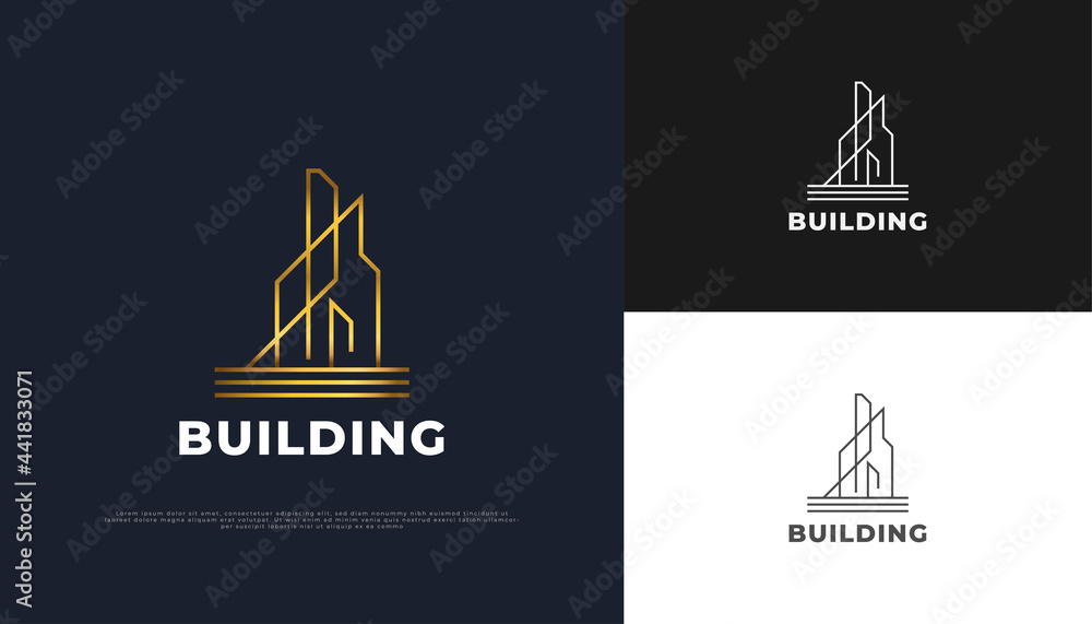 Luxury Gold Real Estate Logo Design with Linear Concept. Construction, Architecture or Building Logo Design Template Luxury Gold Real Estate Logo Design with Linear Concept. Construction, Architecture or Building Logo Design Template