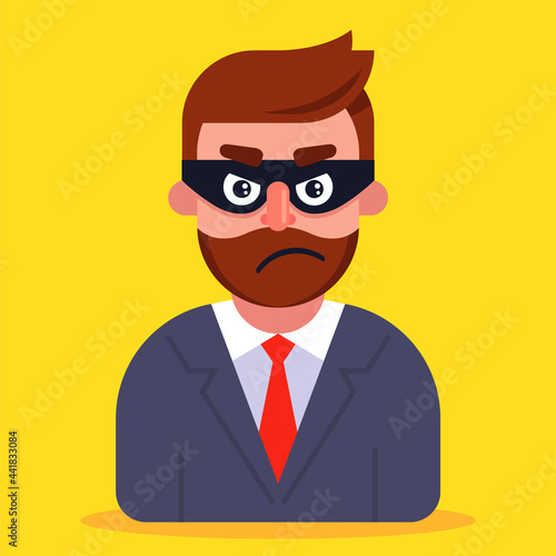 a fraudster in a business suit and a mask hiding his face. flat vector illustration.