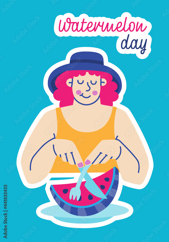 National Watermelon Day. August 3rd. Female character in hat eating watermelon. Vector colorful illustration for design, postcard, sticker.