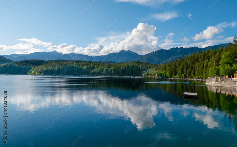 The Eibsee lake view with beautiful sky , and mountain reflection in the lake.