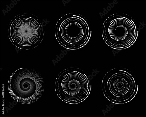 Dots in Circle Form . Spiral Vector Illustration on black background. Technology round Logo . Design element . Abstract Geometric shape .