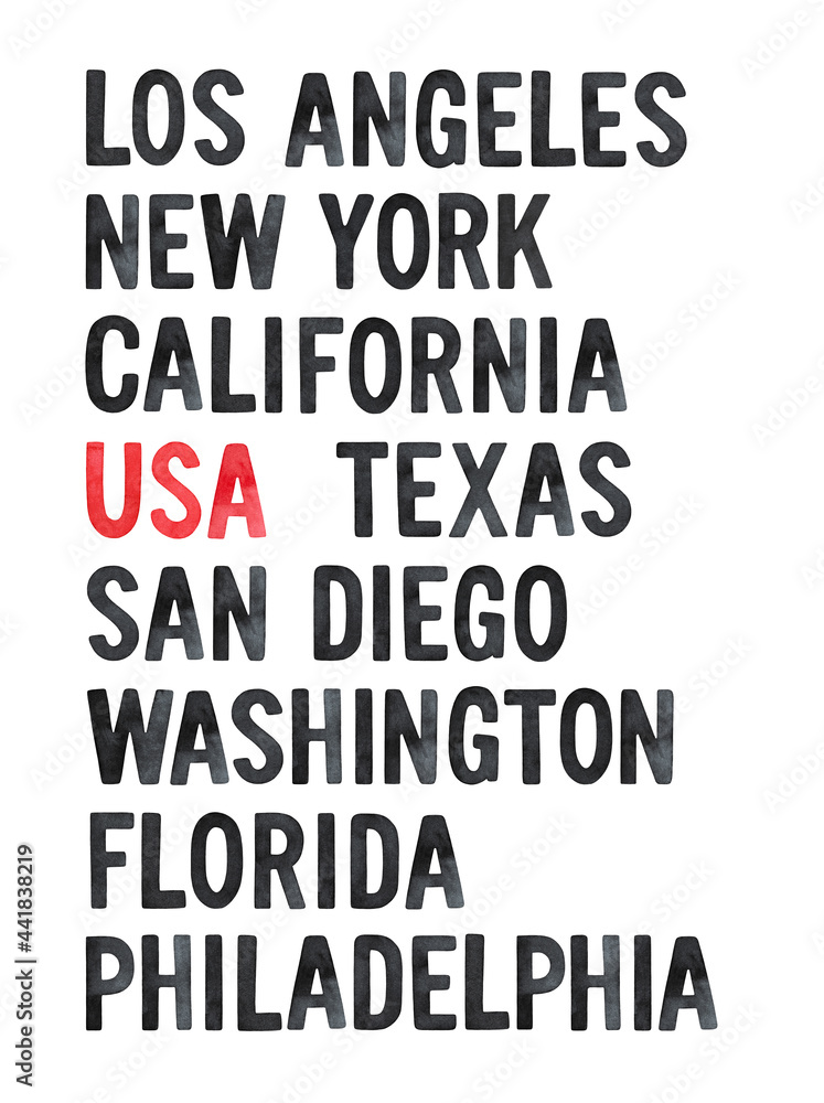 Poster design with largest United States cities and states. Bright illustration for print, greeting card, banner, placard. Hand painted watercolour drawing on white background. Black and red colors.