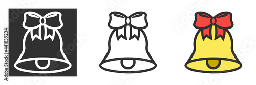 Golden metal bell with red bow isolated on a transparent background, Christmas symbol, school bell, vintage bell