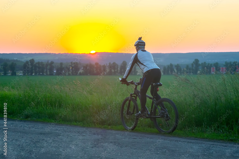 Obraz premium cyclist on bike rides along the fields of wheat in the sunlight. sports and hobbies. outdoor activities