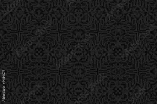 3D volumetric convex embossed geometric black background. Beautiful pattern with ethnic ornament in the style of stained glass. Islam, Arabic, Indian, Ottoman motives.