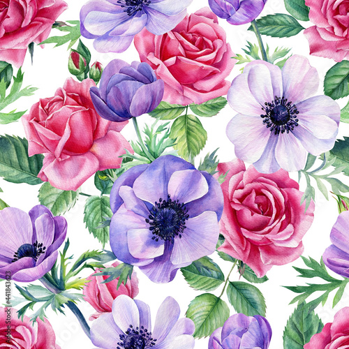 Floral background  seamless patterns of flowers of roses and anemones  painted in watercolor