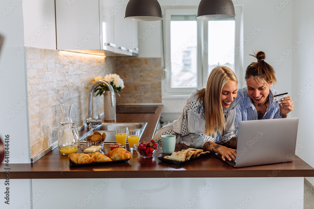 Young lesbian couple using wireless technology at home Young lesbian couple using wireless technology at home