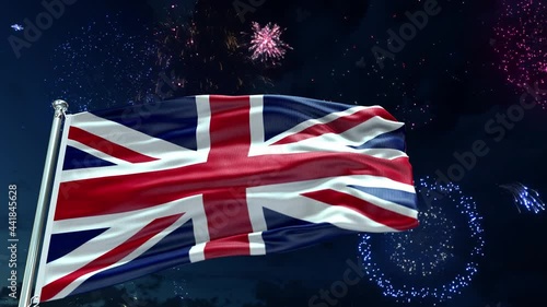 United Kingdom Flag with Fireworks celebtation in Night sky photo