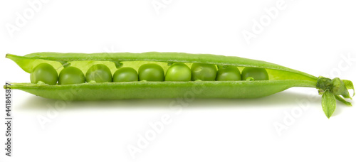 An open pea pod lies on a white background, isolated in full focus for quick selection.