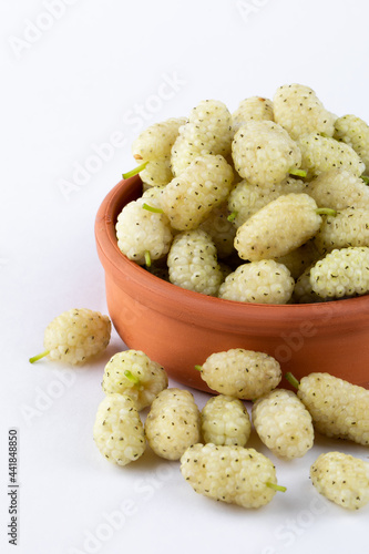 White mulberry with leaf closeup isolated on light background