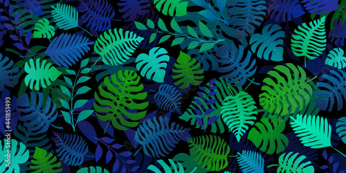 Background with exotic jungle plants. Tropical palm leaves. Rainforest illustration, multicolored on black.