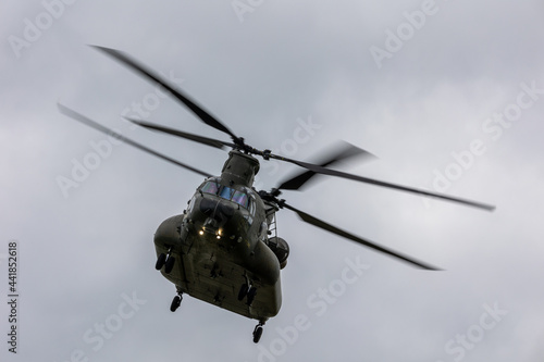 Chinook. Heavy lift military helicopter at low level