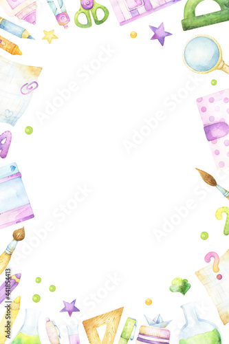 Colorful rectangular watercolor back to school frame with craft and art supplies, stationery items, such as notepad, planner, brushes, letters, numbers, pens and pencils