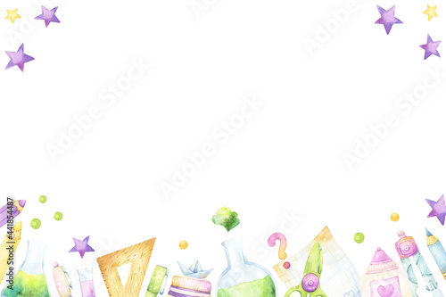 Rectangular template with watercolor illustrations of back to school and science class supplies, pens, pencils, laboratory glassware, isolated border on white background