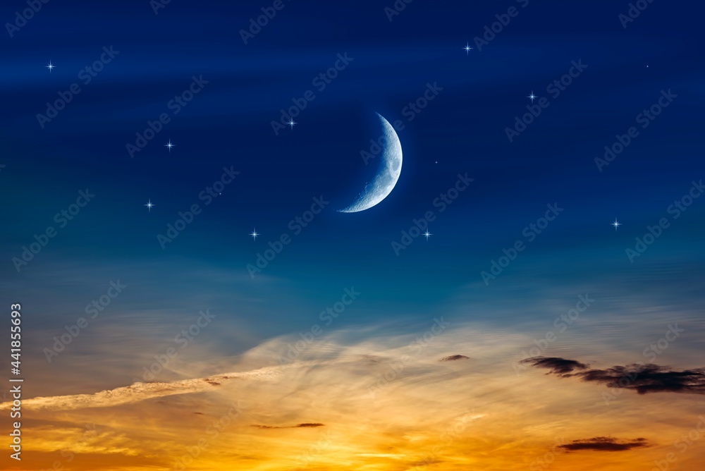 Crescent moon with beautiful sunset background . bright sky