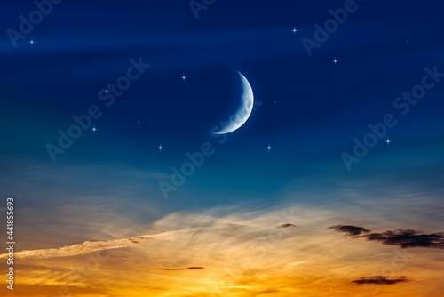 Crescent moon with beautiful sunset background . bright sky