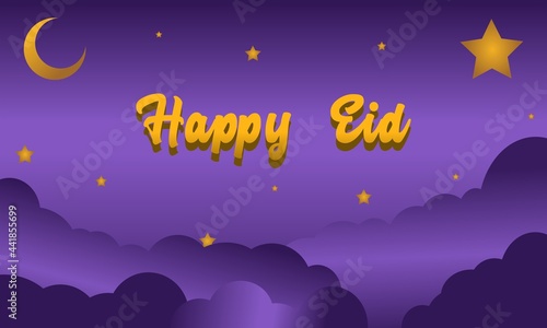 happy eid day poster, with moon and stars theme.