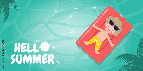 Hello summer template banner, Kid relaxing floating on inflatable at the sea in summer time top view. for advertising brochure  flat cartoon isolated on background vector illustration