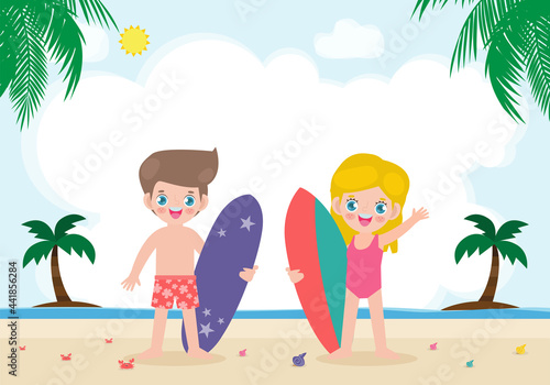 Hello summer banner template and cute surfer children character with surfboard on beach. Happy young surfer on the crest wave, flat vector illustration isolated on background