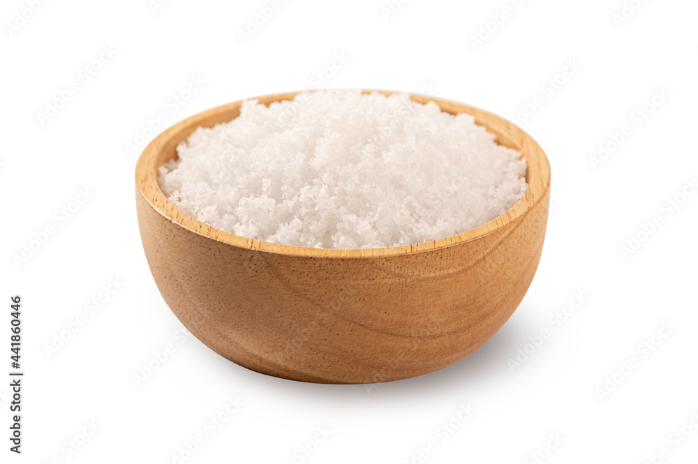 Salt in wood bowl isolated on white Salt in wood bowl isolated on white