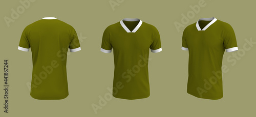 men's soccer t-shirt mockup in front, side and back views, design presentation for print, 3d illustration, 3d rendering