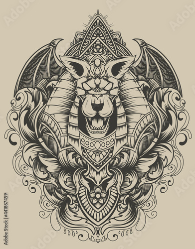 Illustration anubis head with vintage engraving ornament