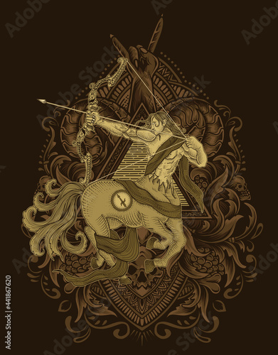Illustration horsesman sagittarius with vintage engraving ornament
