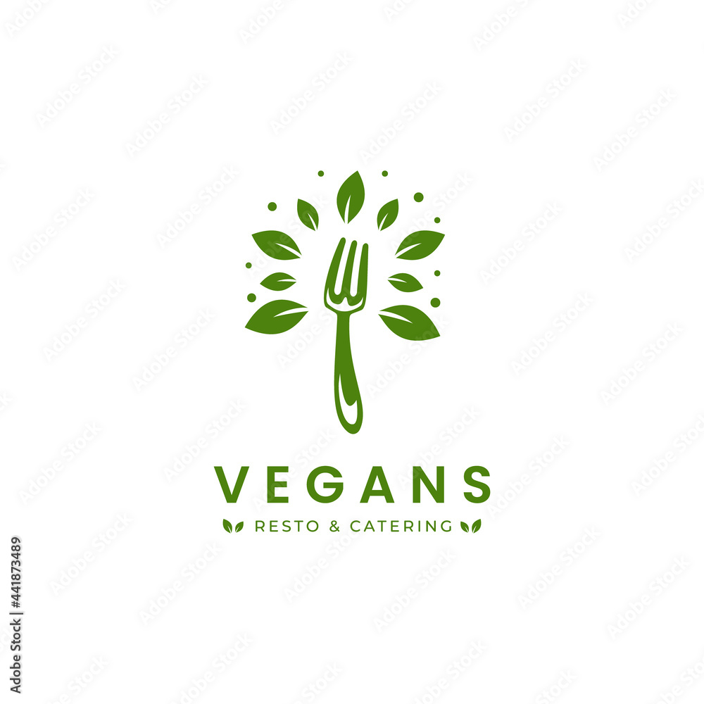 Vegan food restaurant and catering logo with Fork and green leaves icon symbol Vegan food restaurant and catering logo with Fork and green leaves icon symbol