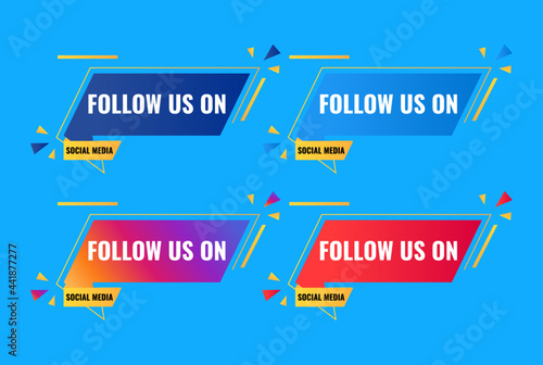 follow us on social media celebration banner greeting design with bubble chat and memphis style