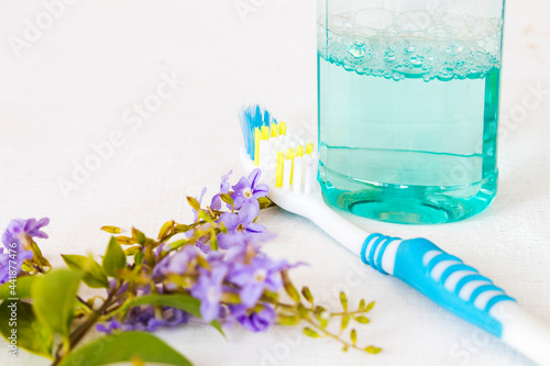 toothbrush  mouthwash health care for oral cavity with flowers arrangement flat lay style on background white 