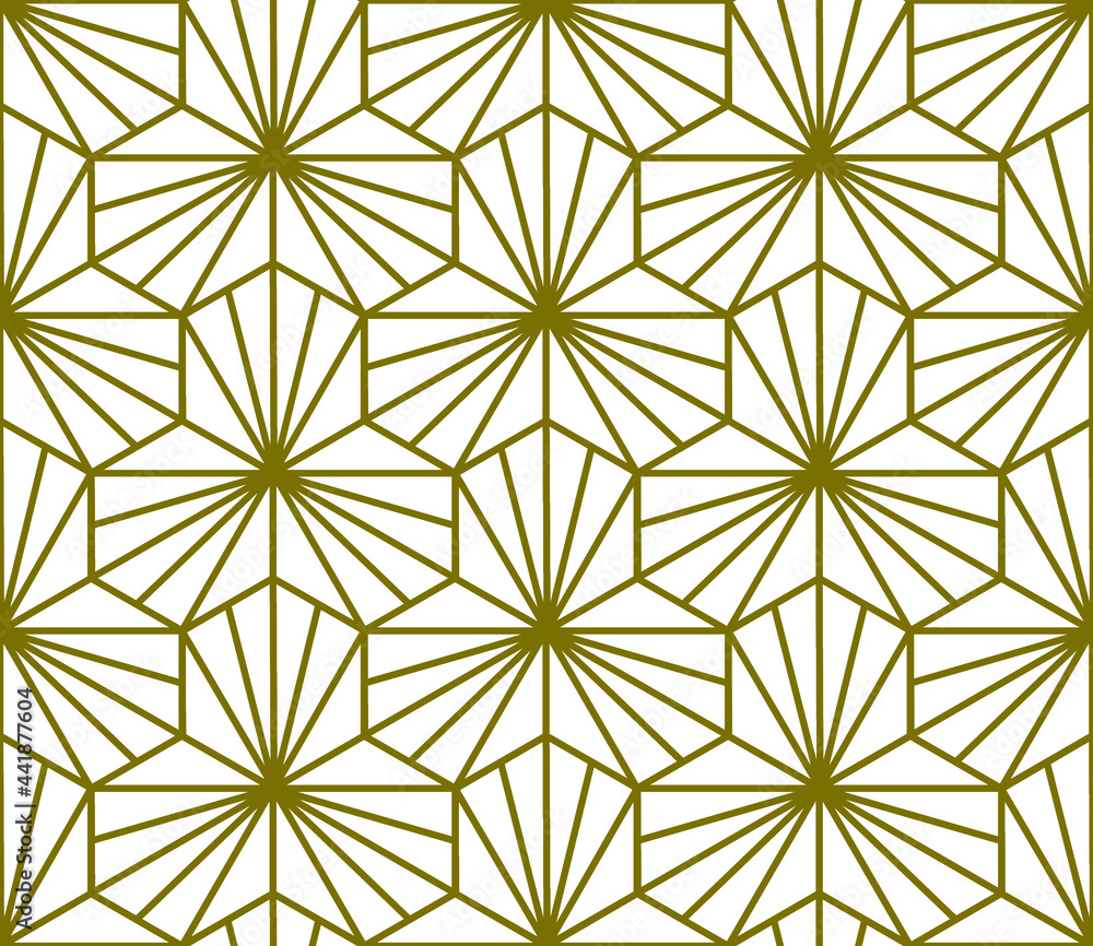Retro style repeat pattern of three connected hexagons and converging lines in gold colored outlines on a white background, geometric vector illustration Retro style repeat pattern of three connected hexagons and converging lines in gold colored outlines on a white background, geometric vector illustration