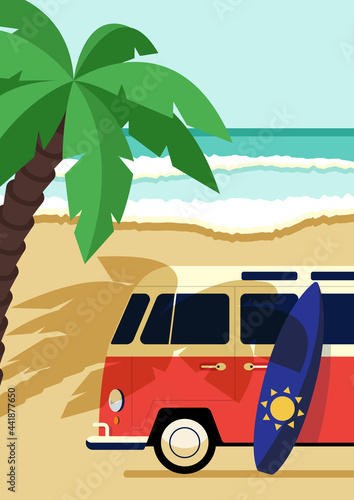 Summer time and happy holiday concept decorative with van on the beach flat design style
