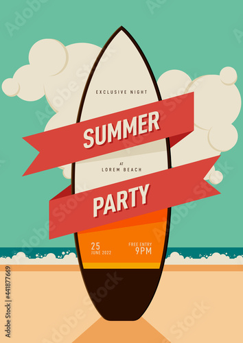 Summer holiday poster and invitation design template background decorative with surfboard flat design