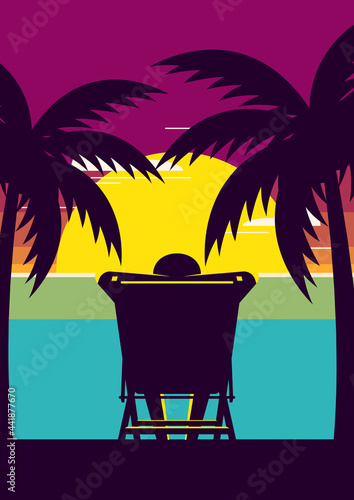 A tourist is sitting on beach chair at sunset. Summer time and happy holiday concept flat design style