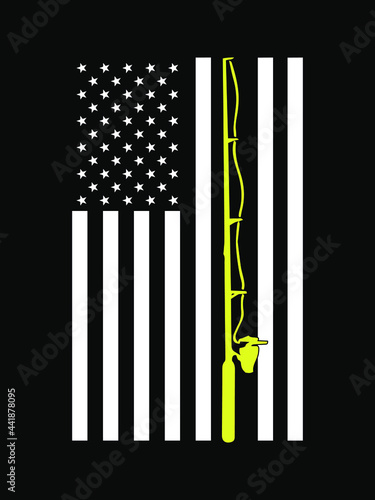 American fishing flag. Black and white USA flag and yellow fishing rod vector. Design element for poster, t-shirt print, card, advertising