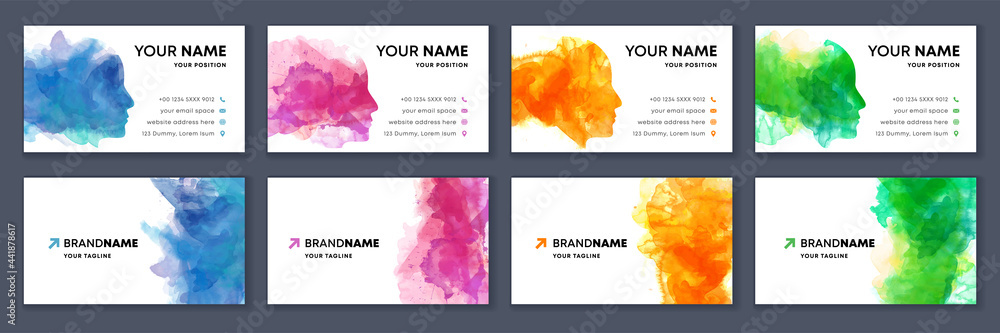 Big set of bright colorful business card template with vector watercolor head silhouette on white background - obrazy, fototapety, plakaty 