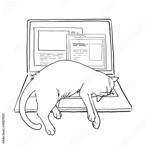 ノートパソコンの上で寝る猫　線画