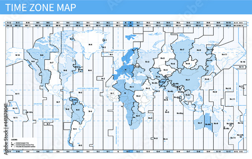 Blue worldwide map of time zones. Vector illustration. Central European time. photo