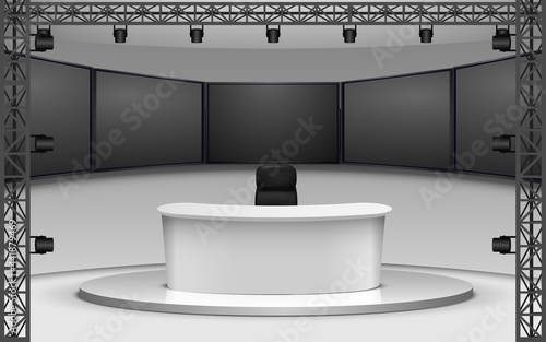 white table and lcd background in a news studio room	
