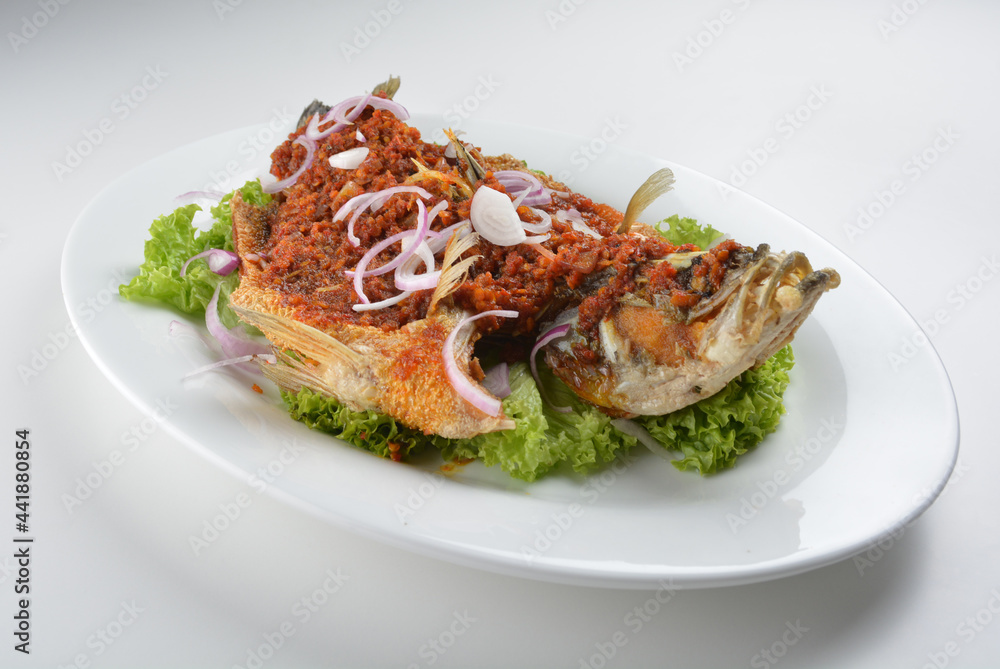 deep fried crispy whole grouper fish with spicy chilli onion sambal sauce asian Halal seafood menu