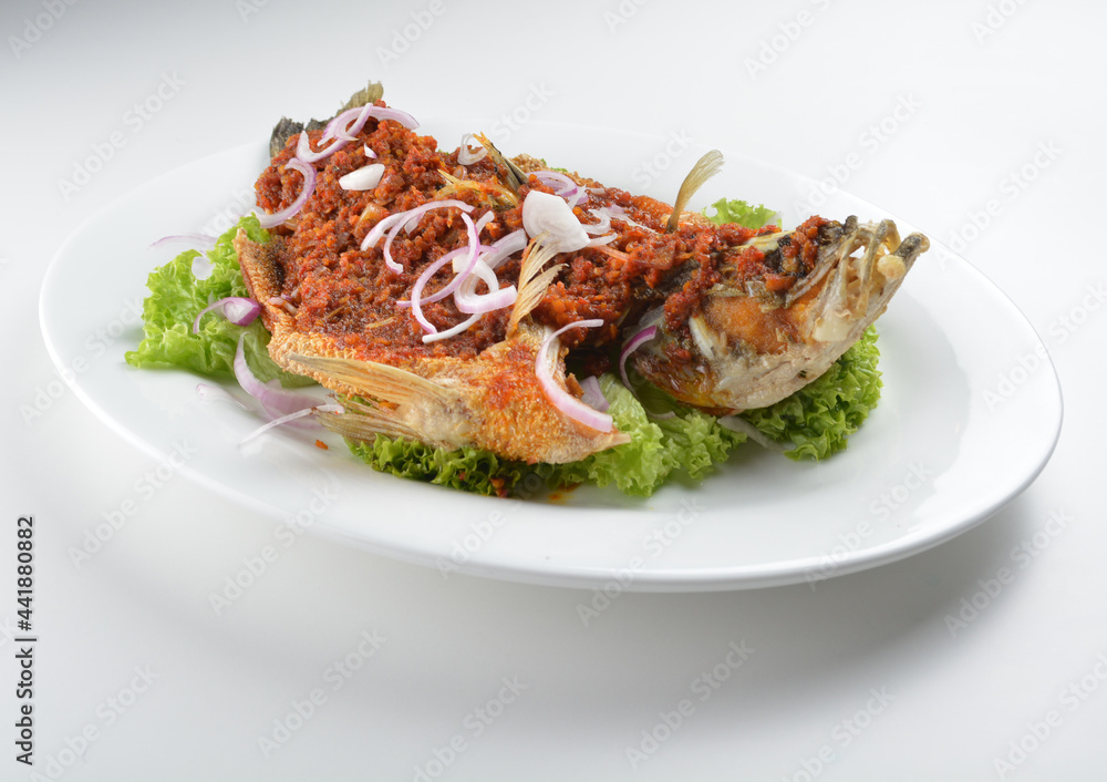 deep fried crispy whole grouper fish with spicy chilli onion sambal sauce asian Halal seafood menu